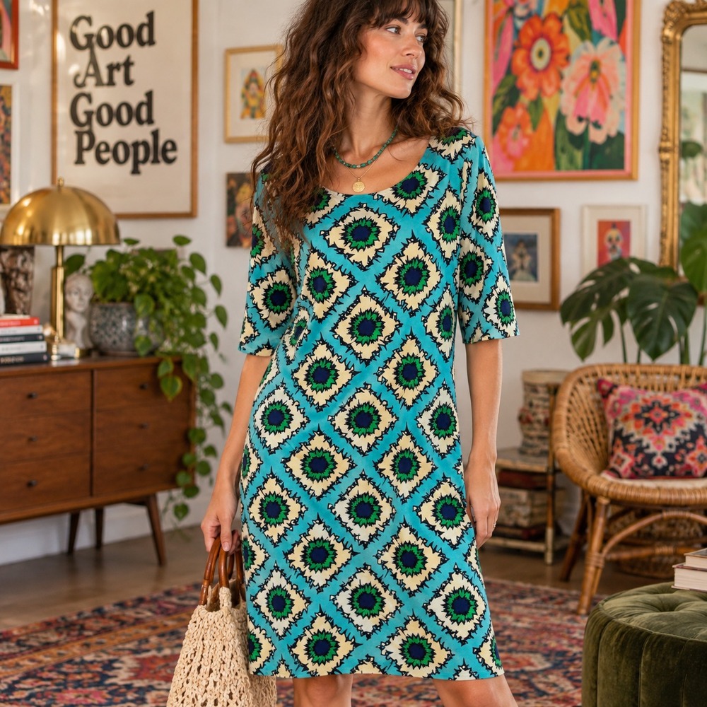 Tracy Negoshian Geometric Print Shift Dress Sz M Mod Retro Artsy Eclectic Funky